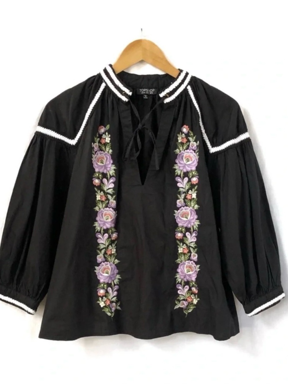 Topshop Boho Cotton Peasant Blouse Sz 6 embroidery details tie neck detail EUC